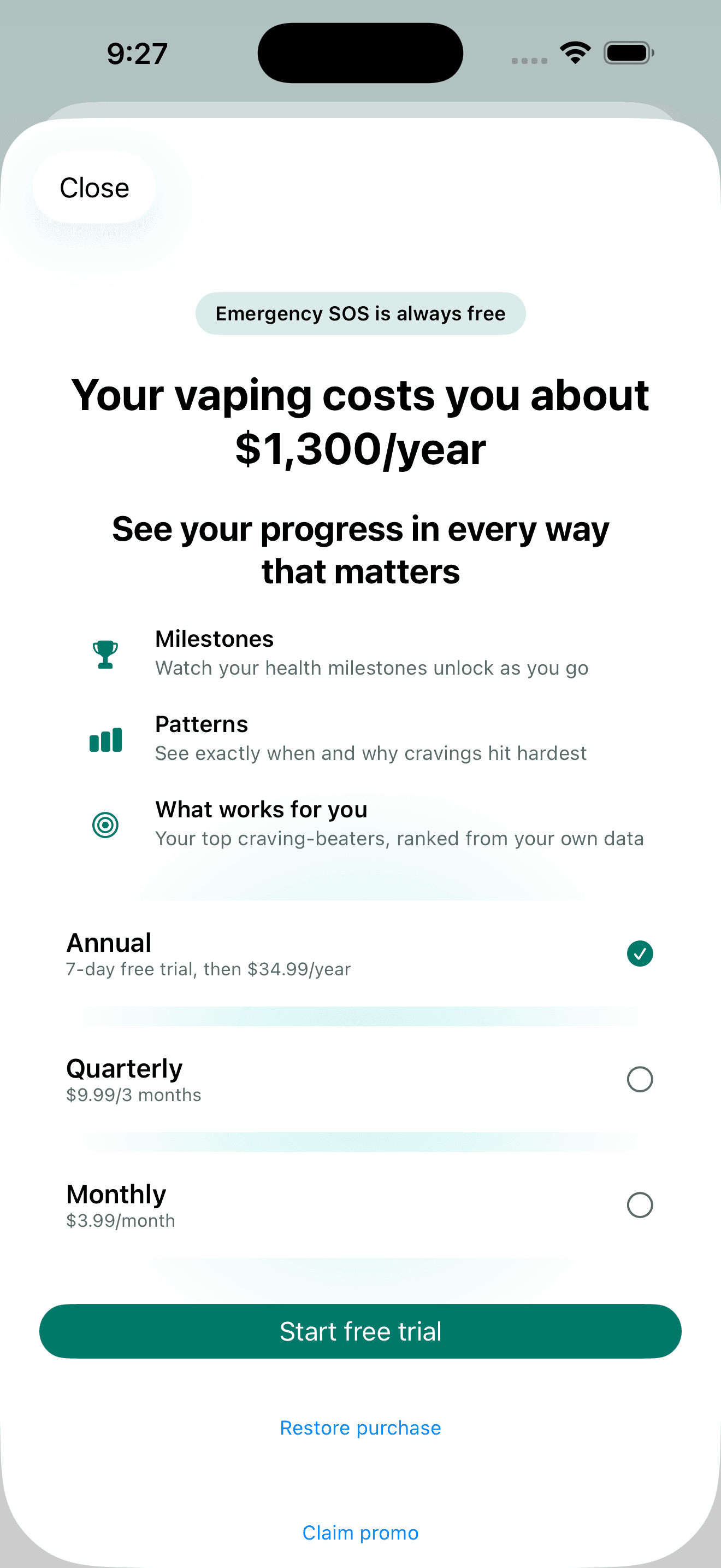 Quitwell Premium plans screen